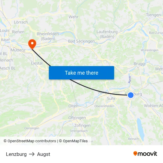 Lenzburg to Augst map