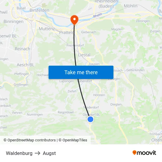 Waldenburg to Augst map