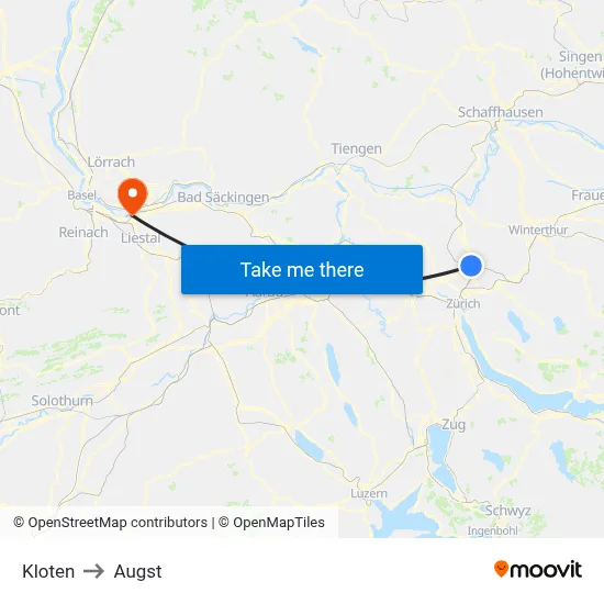 Kloten to Augst map