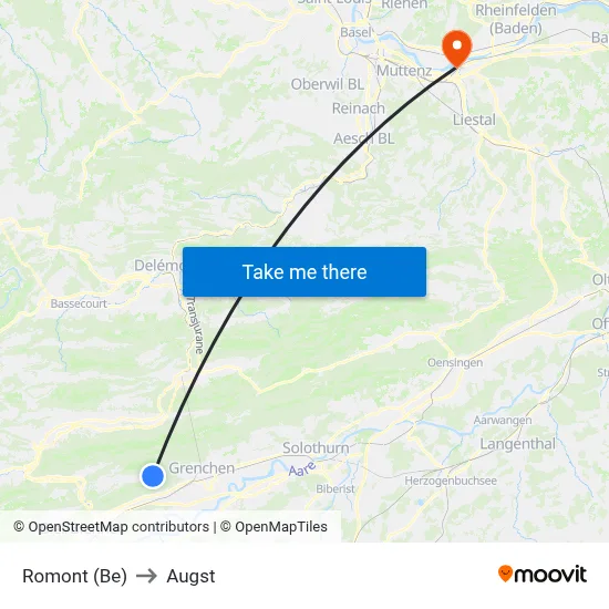 Romont (Be) to Augst map