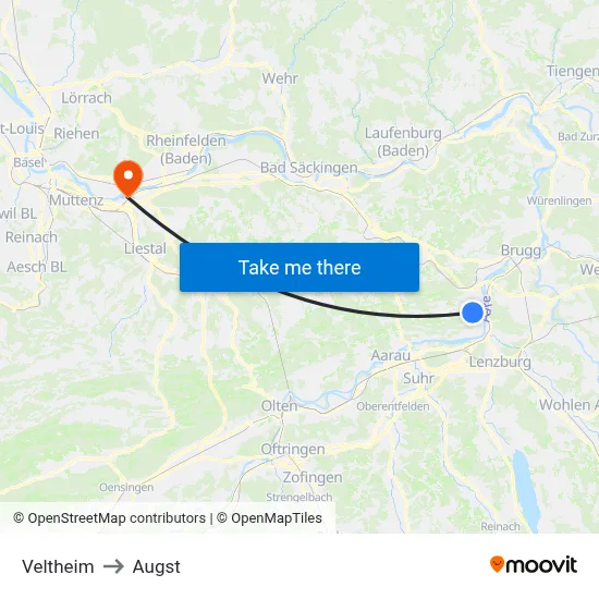 Veltheim to Augst map