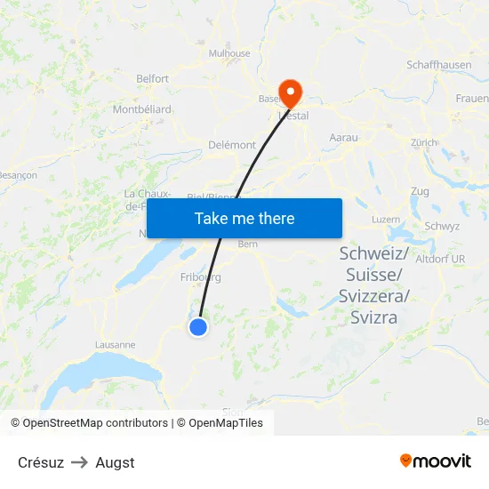Crésuz to Augst map