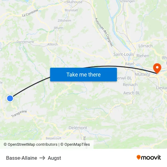 Basse-Allaine to Augst map