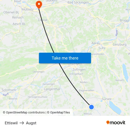 Ettiswil to Augst map