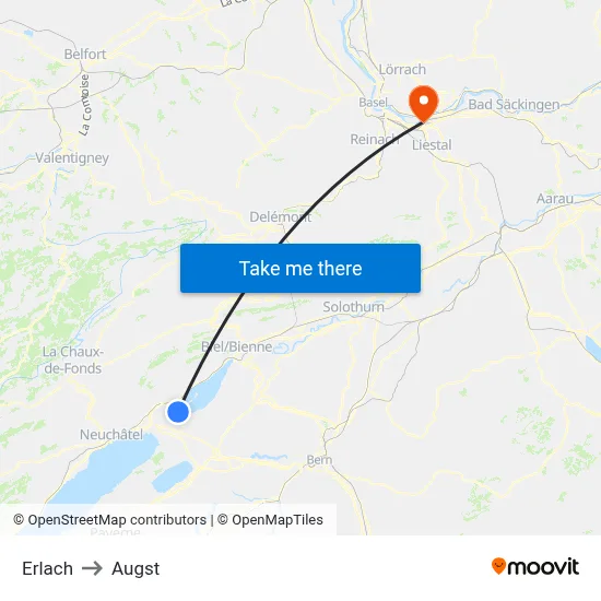 Erlach to Augst map