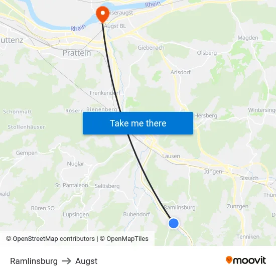 Ramlinsburg to Augst map