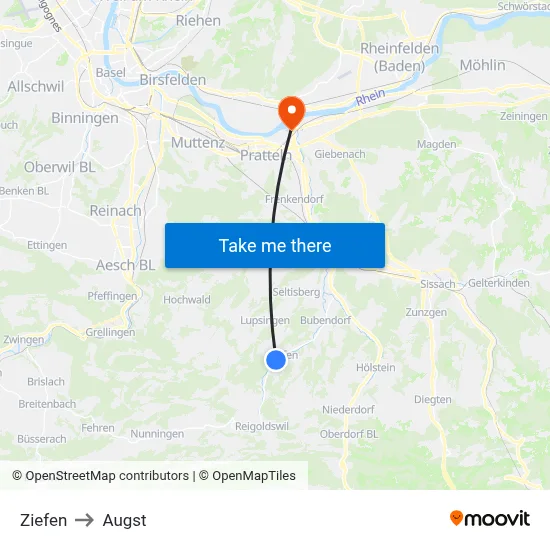Ziefen to Augst map
