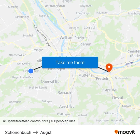 Schönenbuch to Augst map