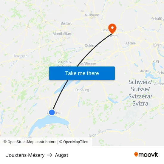 Jouxtens-Mézery to Augst map