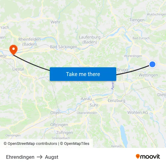 Ehrendingen to Augst map