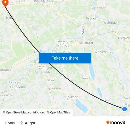 Honau to Augst map
