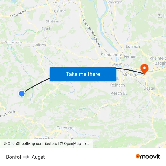 Bonfol to Augst map