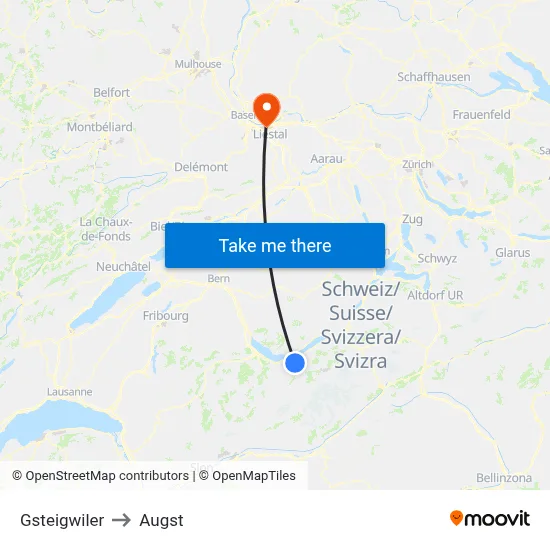Gsteigwiler to Augst map