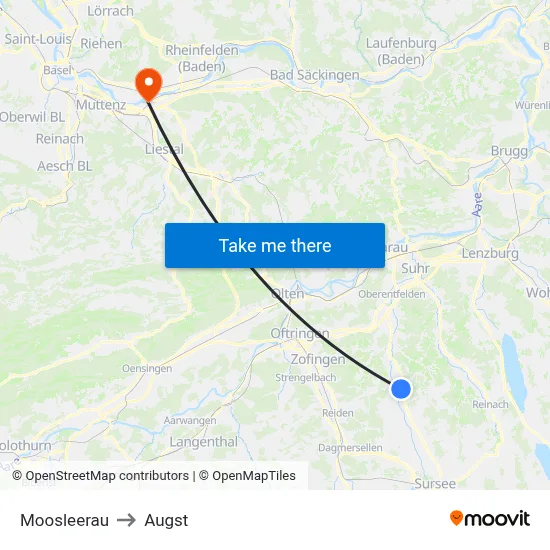 Moosleerau to Augst map