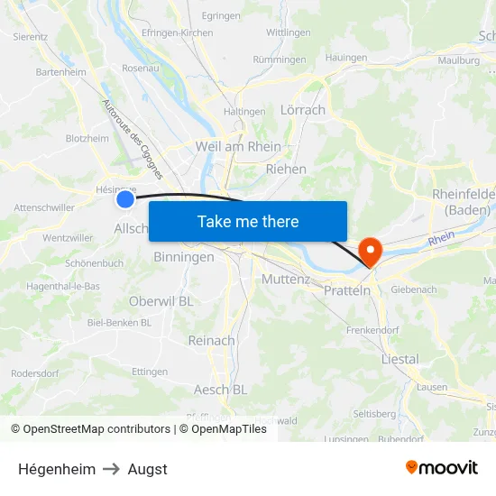 Hégenheim to Augst map
