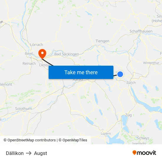 Dällikon to Augst map