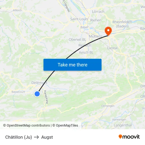 Châtillon (Ju) to Augst map