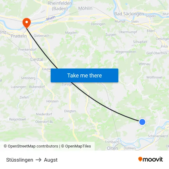 Stüsslingen to Augst map