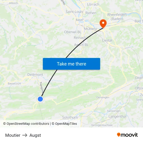 Moutier to Augst map