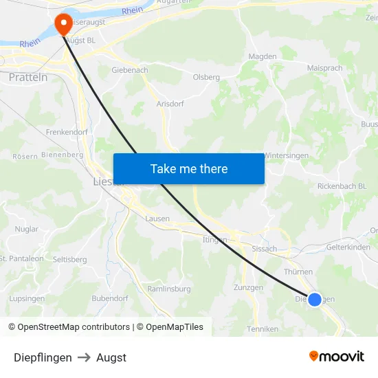 Diepflingen to Augst map