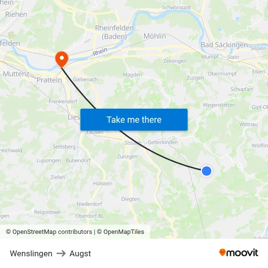 Wenslingen to Augst map