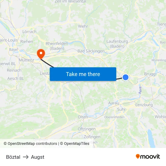 Böztal to Augst map