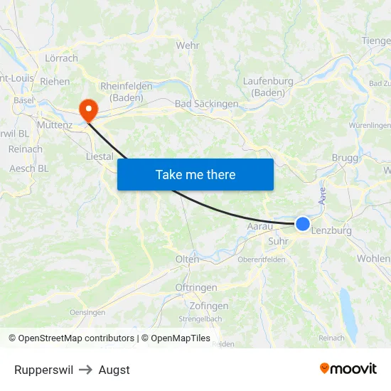 Rupperswil to Augst map