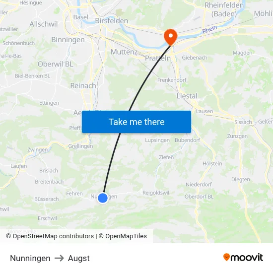 Nunningen to Augst map