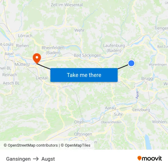 Gansingen to Augst map