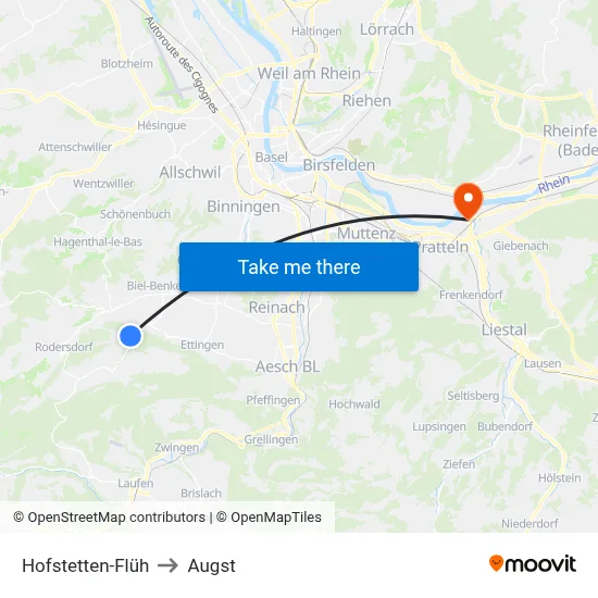 Hofstetten-Flüh to Augst map