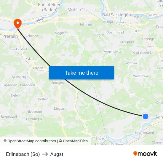 Erlinsbach (So) to Augst map