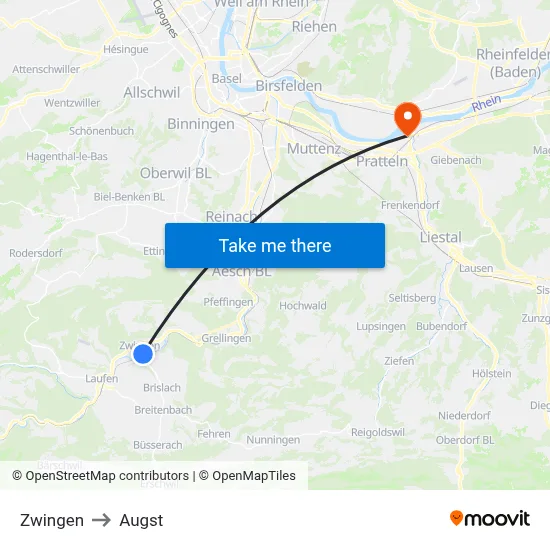 Zwingen to Augst map