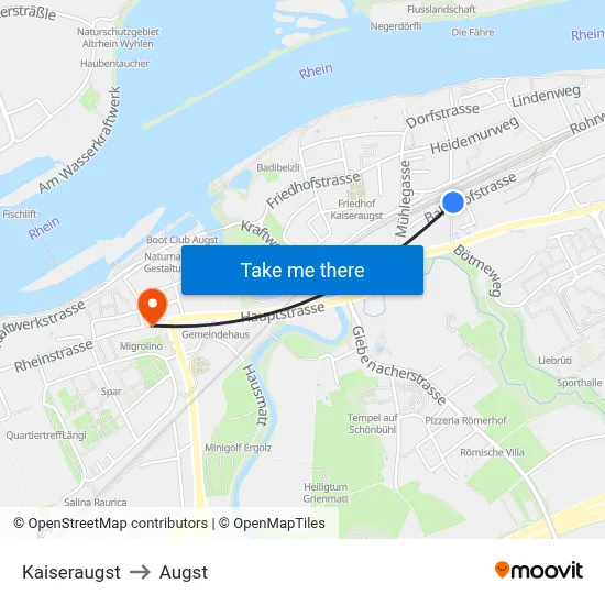 Kaiseraugst to Augst map