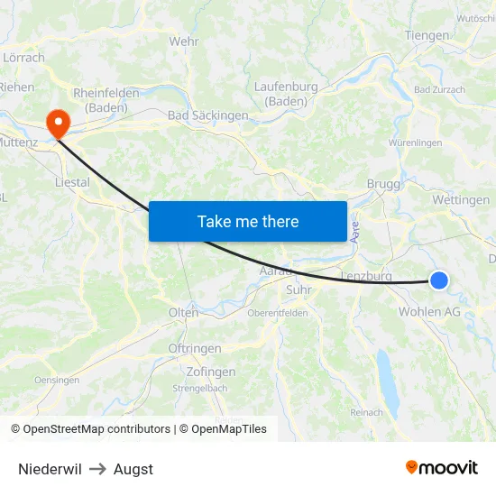 Niederwil to Augst map