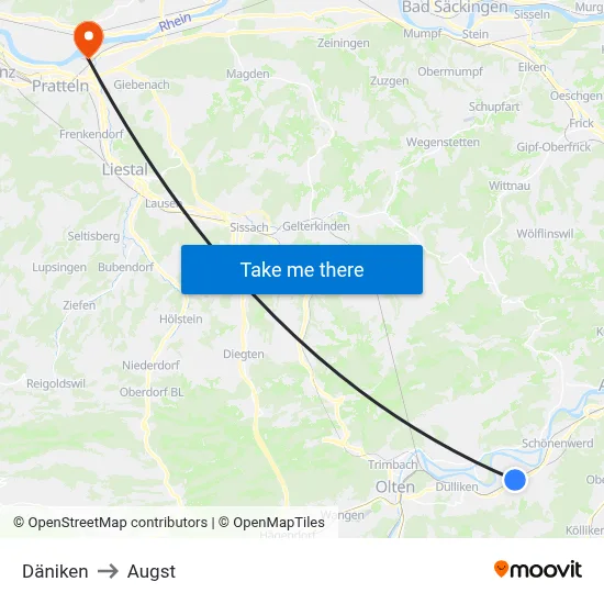 Däniken to Augst map