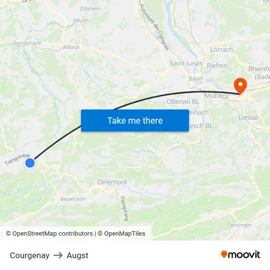 Courgenay to Augst map