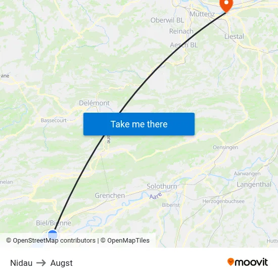 Nidau to Augst map