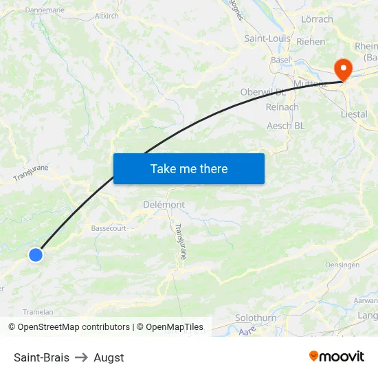 Saint-Brais to Augst map