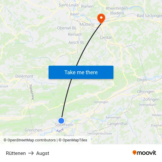Rüttenen to Augst map