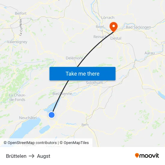 Brüttelen to Augst map