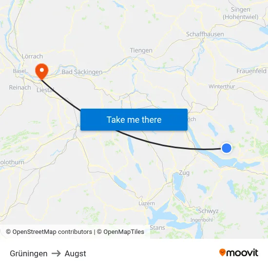 Grüningen to Augst map