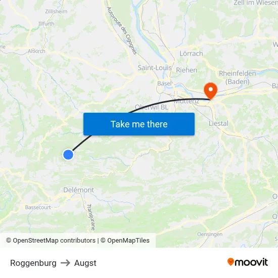 Roggenburg to Augst map