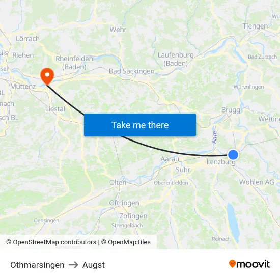 Othmarsingen to Augst map
