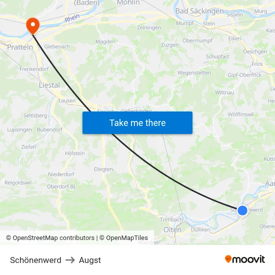 Schönenwerd to Augst map