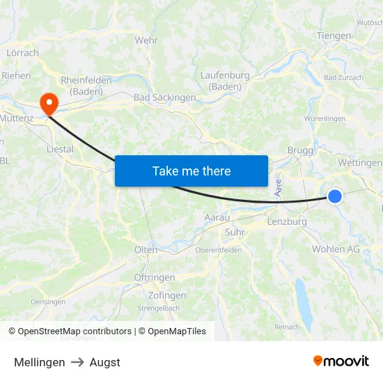 Mellingen to Augst map