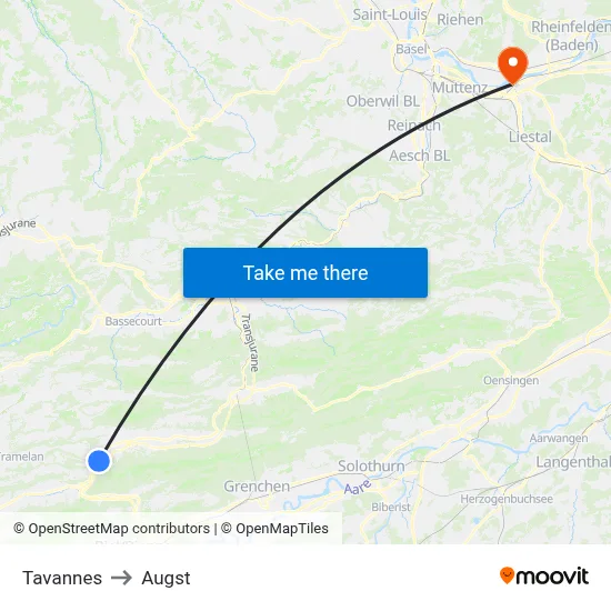 Tavannes to Augst map