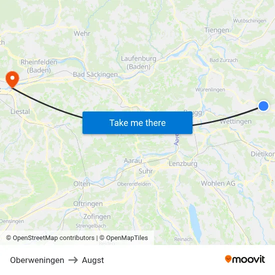 Oberweningen to Augst map