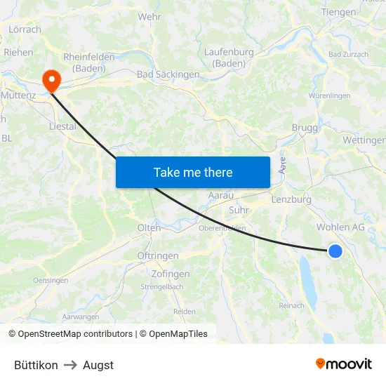 Büttikon to Augst map