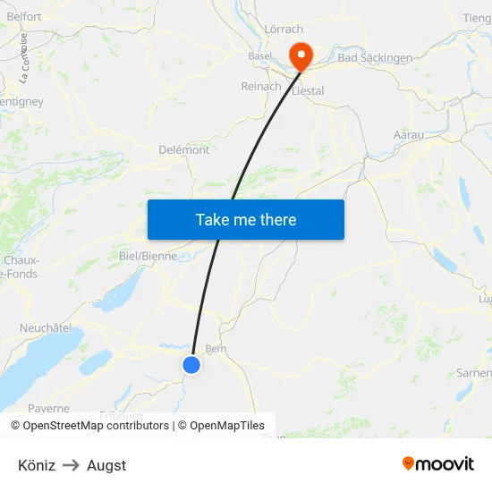 Köniz to Augst map