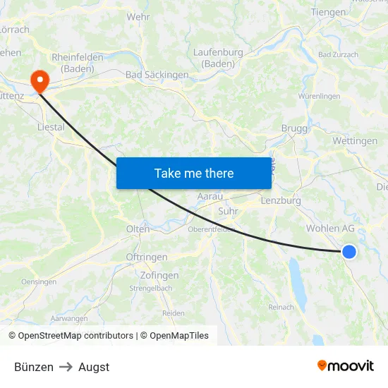 Bünzen to Augst map